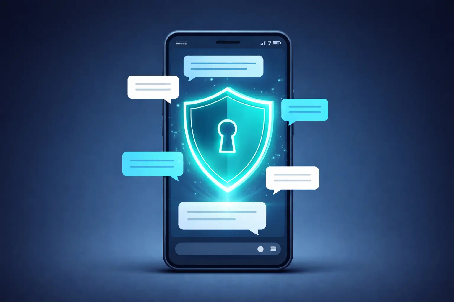 Beschermingsschild tussen chatberichten als symbool voor bescherming tegen cyberpesten bij kinderen