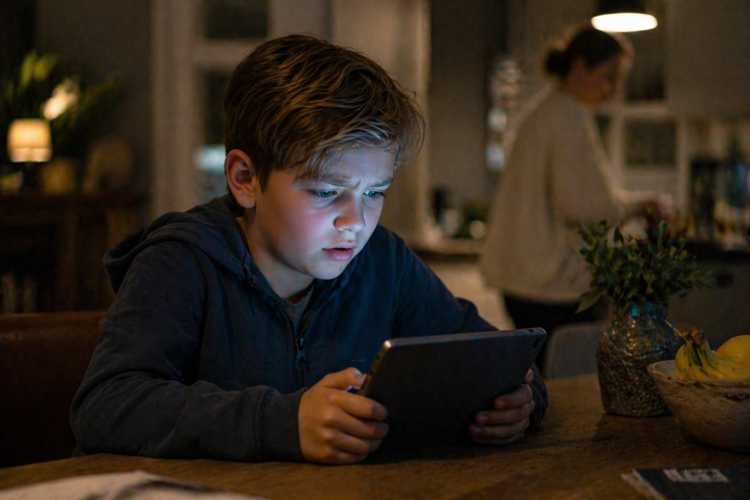 Kind kijkt naar tablet met YouTube-content, gezichtsuitdrukking verschuift van nieuwsgierig naar ongemakkelijk