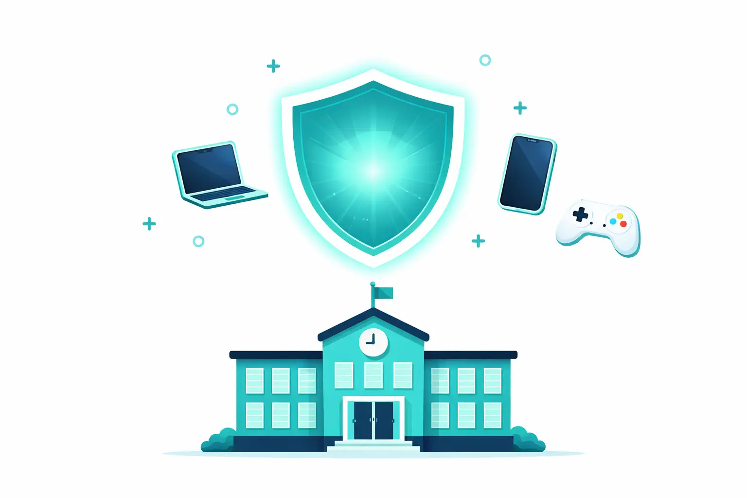 School met digitaal beschermingsschild als symbool voor digitale veiligheid in het onderwijs
