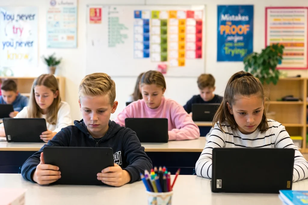 Basisschoolleerlingen werken geconcentreerd op tablets en Chromebooks in het klaslokaal