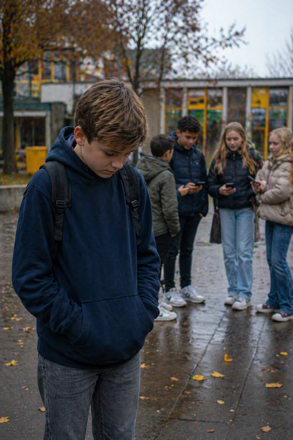 Verdrietige tienerjongen staat alleen op schoolplein terwijl groep klasgenoten op telefoons kijkt en lacht