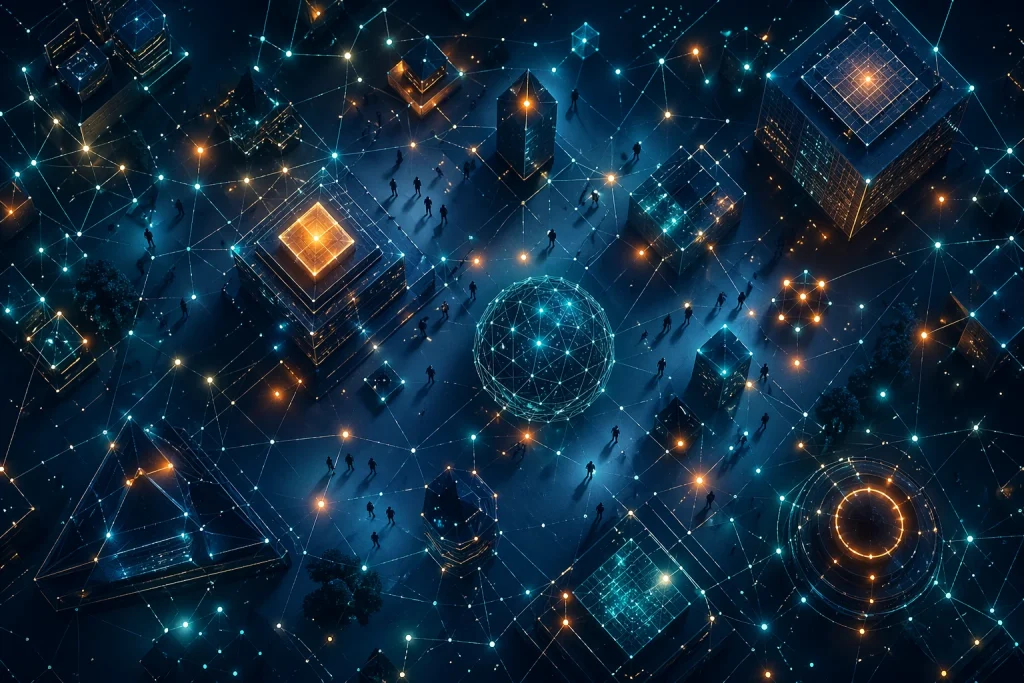 Conceptbeeld van een digitale stad met netwerk van knooppunten en verbindingen van bovenaf