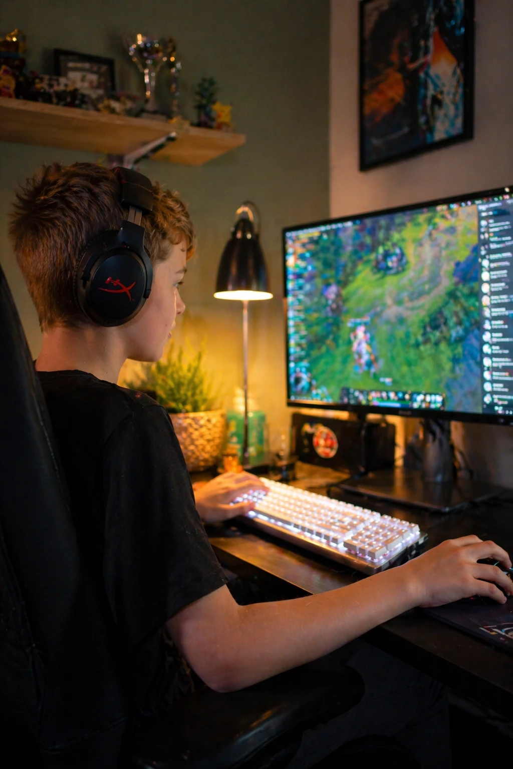 Jongen met gaming koptelefoon speelt League of Legends achter zijn pc in zijn slaapkamer
