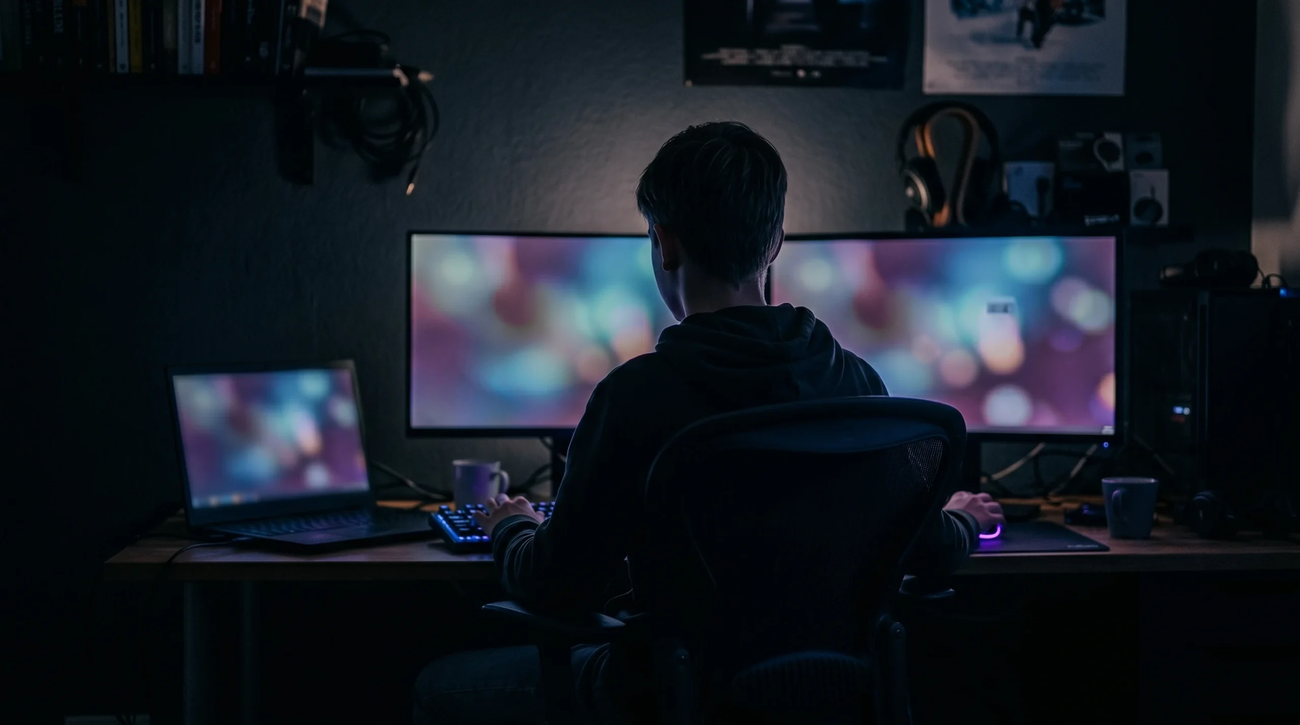 Jongere zit achter twee grote monitoren en een laptop in een donkere gaming kamer
