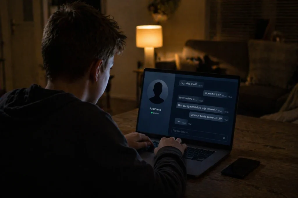 Kind chat op laptop met een anoniem contact in een donkere woonkamer in de avond