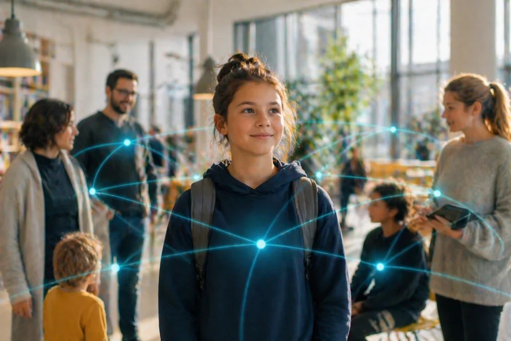 Kind staat in een school omringd door een lichtgevend digitaal netwerk met andere mensen op de achtergrond