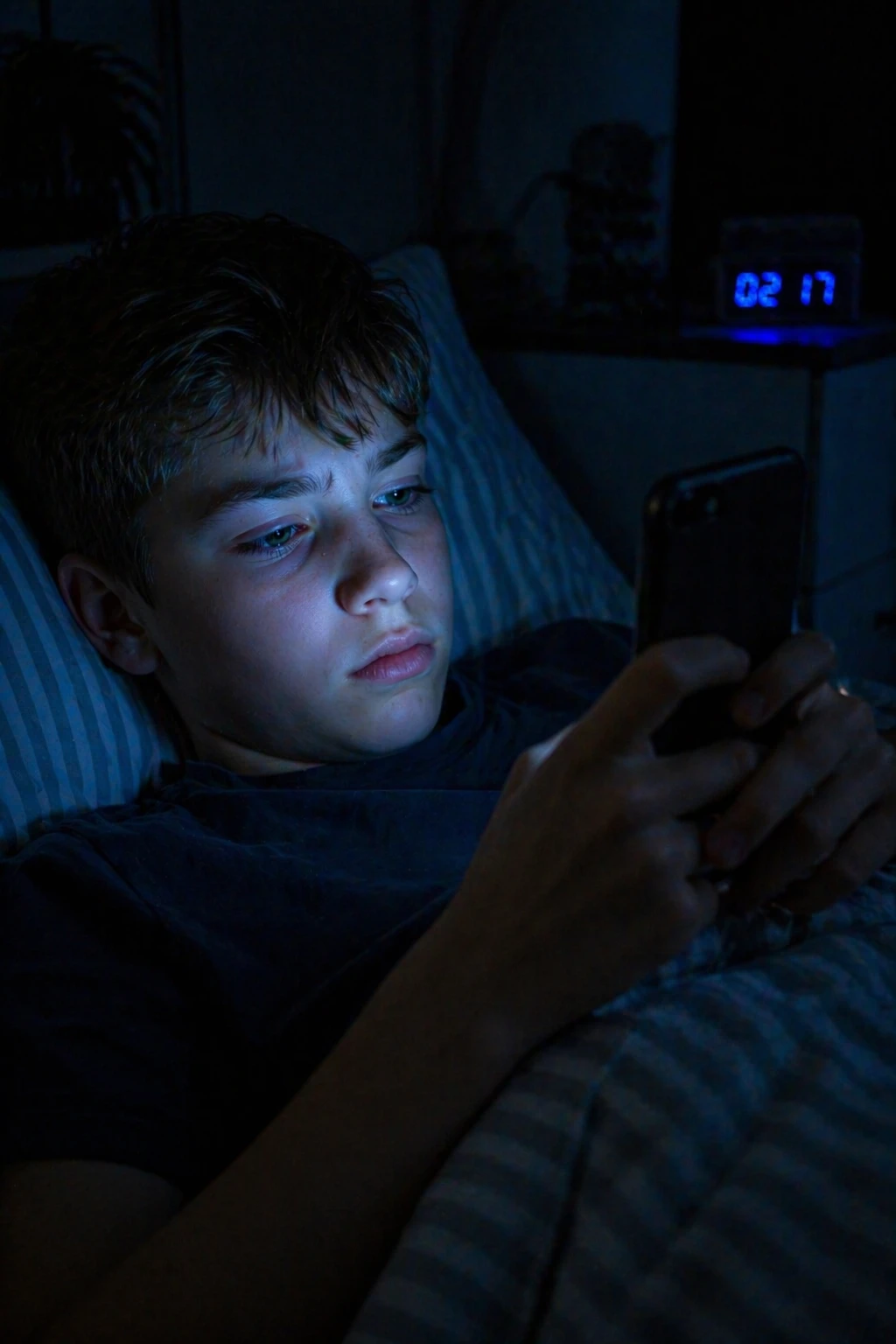 Tienerjongen scrolt midden in de nacht op zijn telefoon in bed terwijl de klok 02:17 toont