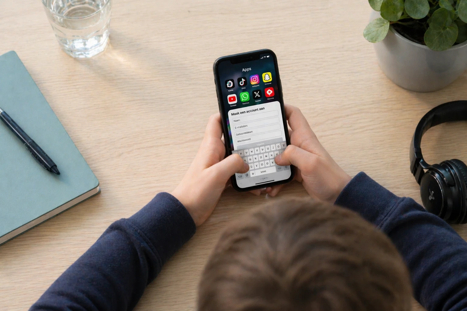 Kind typt zijn gegevens in een aanmeldformulier op smartphone met social media apps zichtbaar