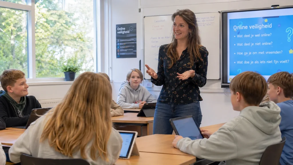 Leerkracht geeft tieners les over online veiligheid met vragen op het digibord