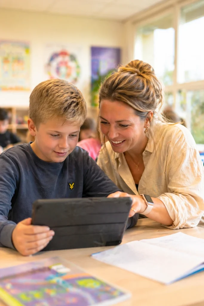 Leerkracht helpt glimlachend een leerling met een tablet in het klaslokaal