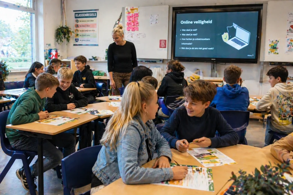 Basisschoolklas krijgt een les over online veiligheid met werkbladen en een digibord