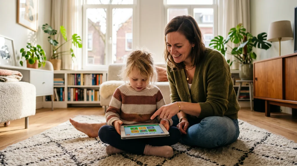 Moeder en jong kind zitten samen op de vloer met een tablet in de huiskamer