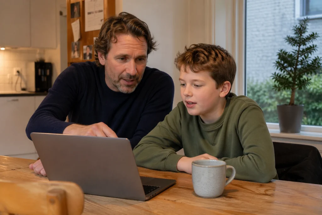 Vader en zoon kijken samen op een laptop aan de keukentafel