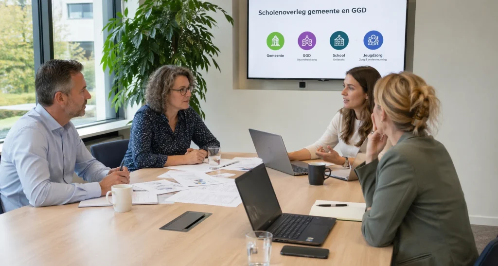 Overleg aan vergadertafel met partners uit gemeente, GGD, school en jeugdzorg