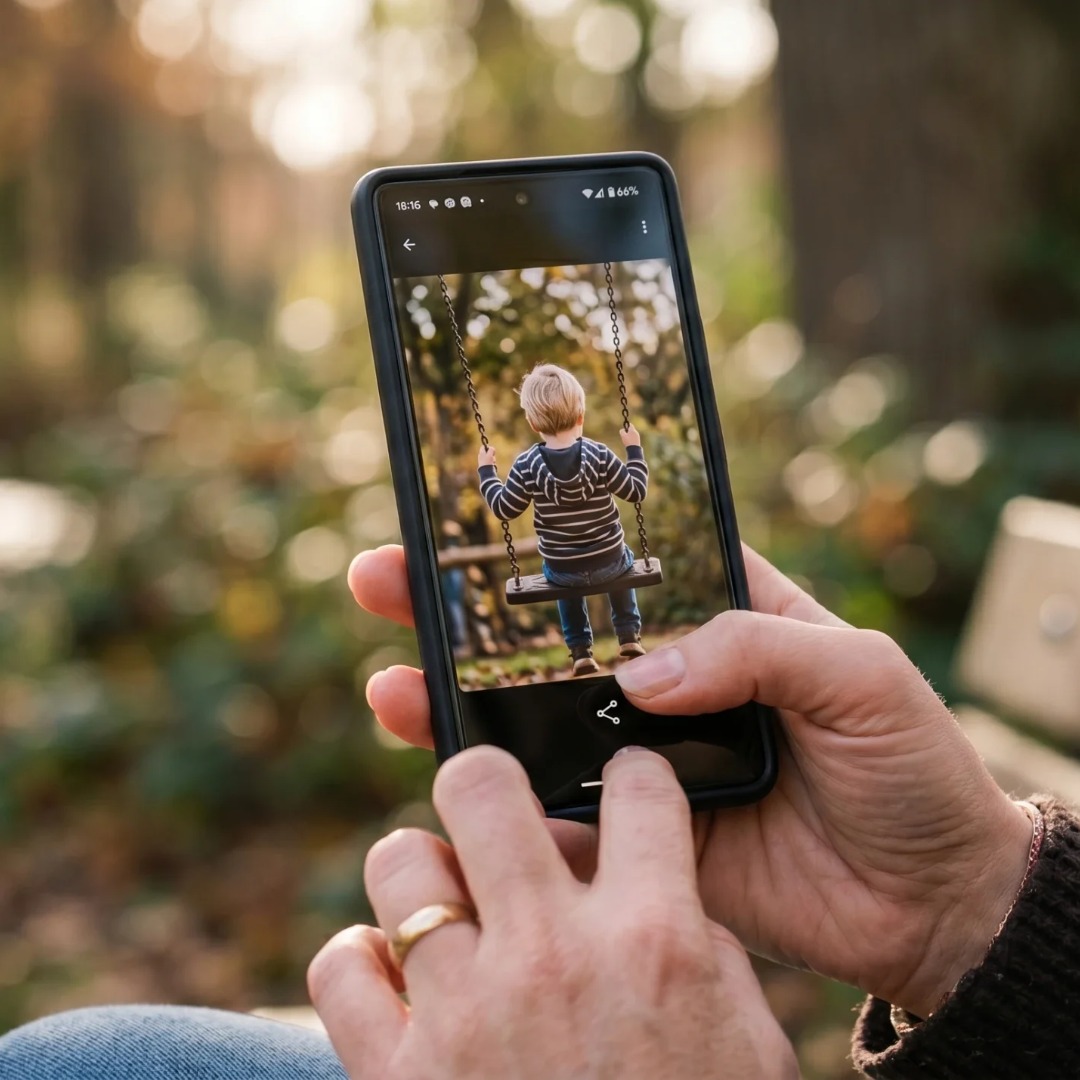 Ouder fotografeert jong kind van achteren op een schommel in het herfstbos met de telefoon