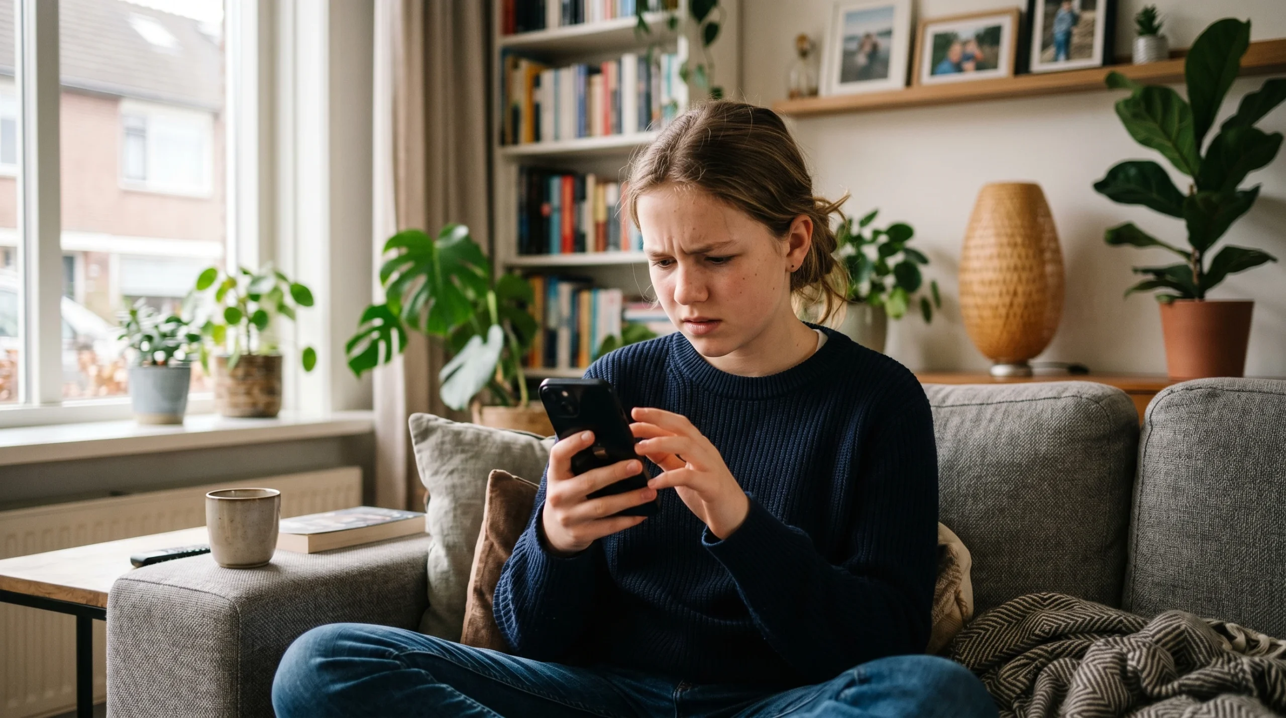Bezorgde tiener kijkt naar haar telefoon op de bank in de woonkamer