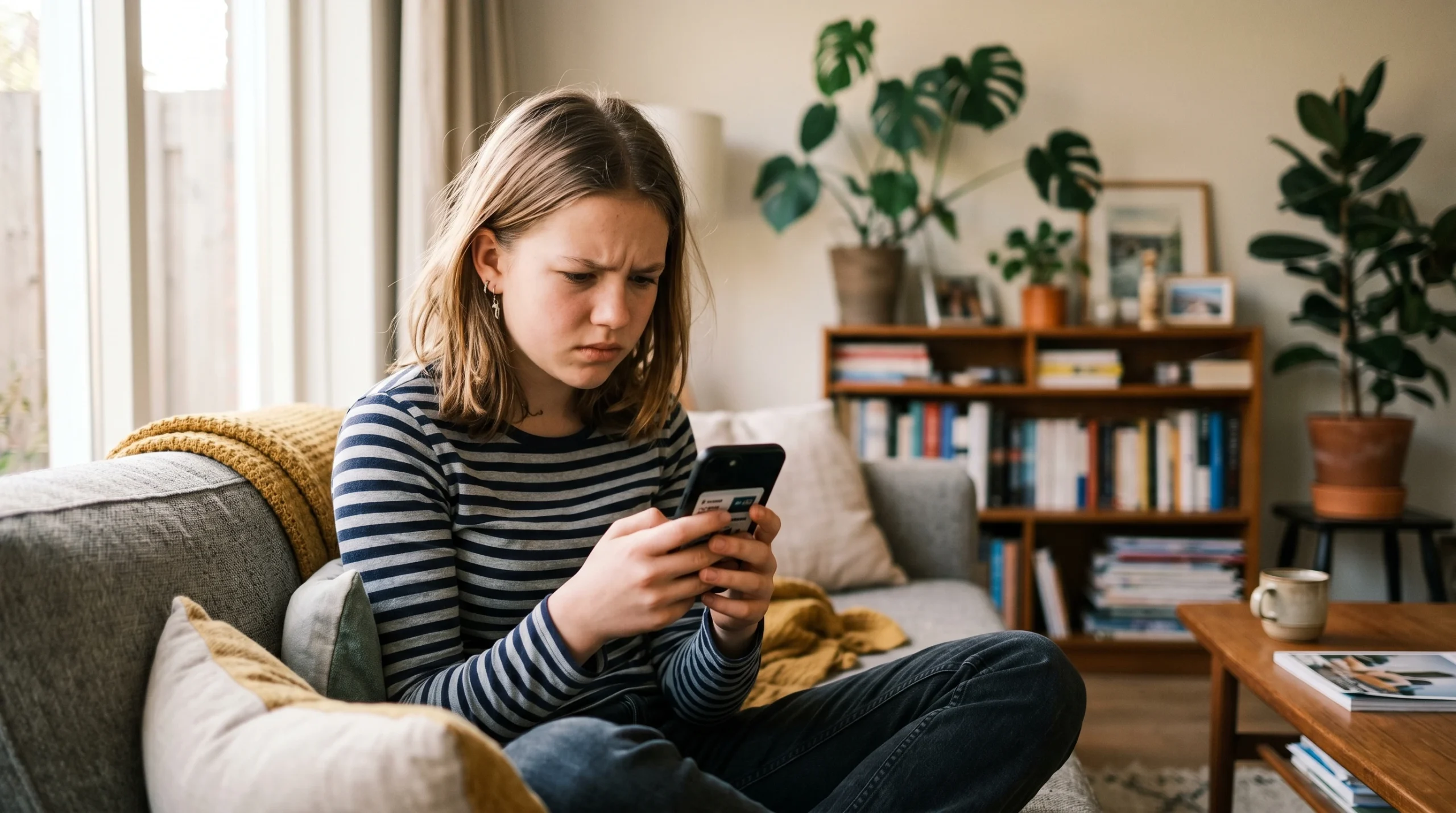 Tiener fronst en kijkt verontwaardigd naar haar telefoon op de bank in een lichte woonkamer