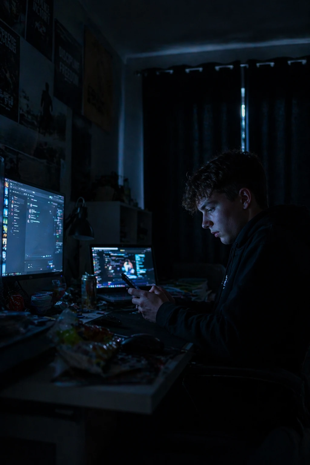 Tiener zit geisoleerd omringd door schermen en monitoren in een donkere rommelige kamer