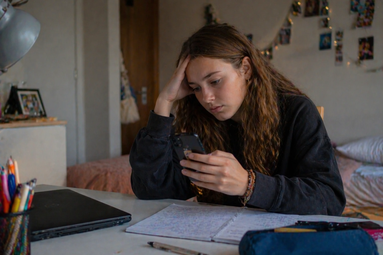 Gespannen tiener met hand op hoofd kijkt naar smartphone aan bureau in haar slaapkamer