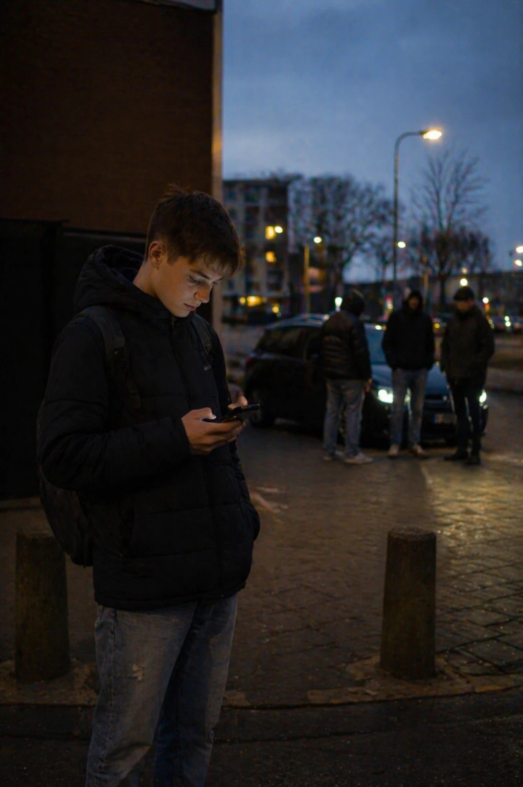 Tiener kijkt nerveus naar telefoon op straat in de avond — geldezel jongeren