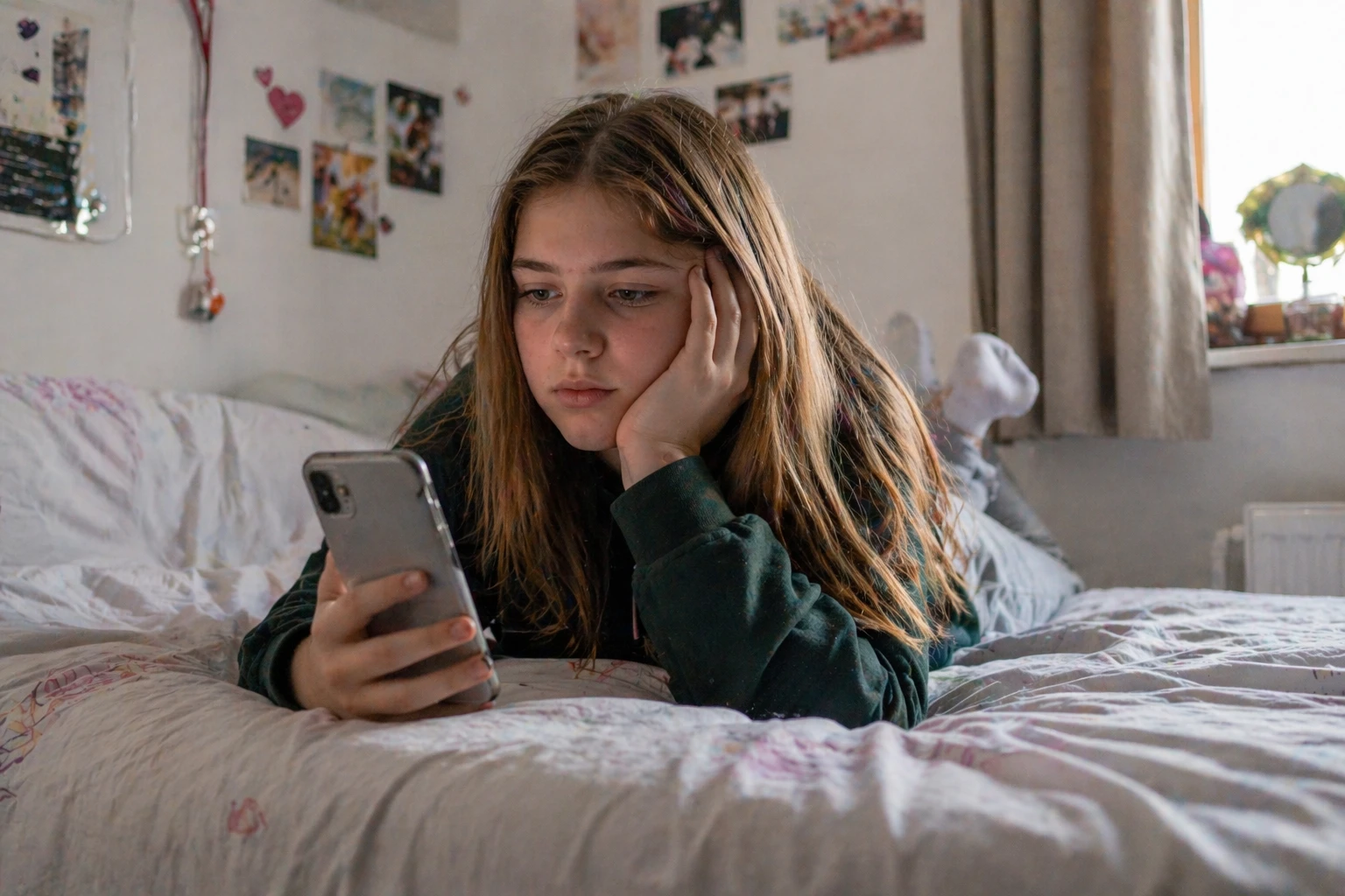 Tienermeisje ligt op bed en scrolt verveeld door een influencerfeed op haar smartphone