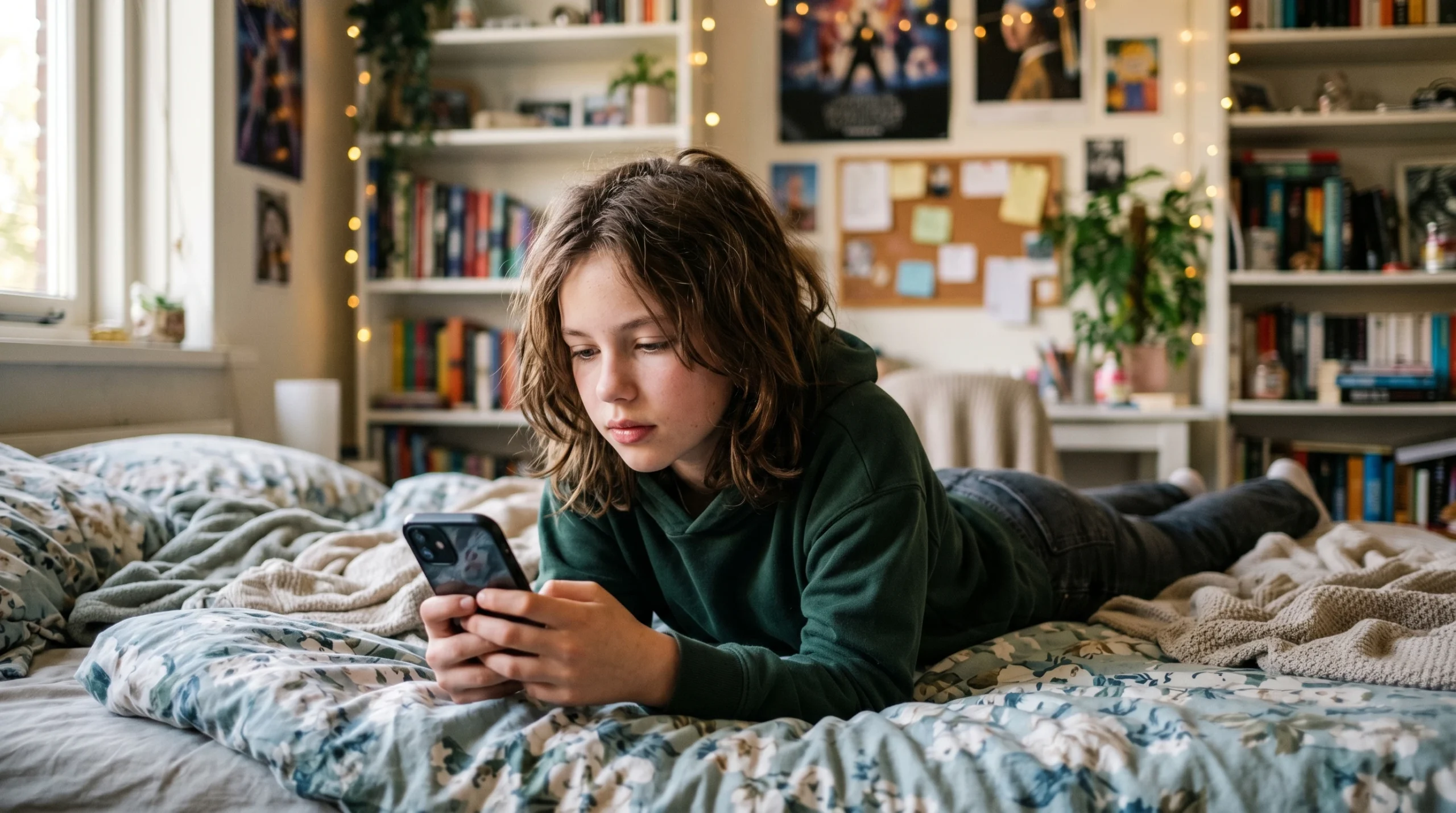 Tiener ligt op bed en scrolt door smartphone in een gezellige slaapkamer met boeken