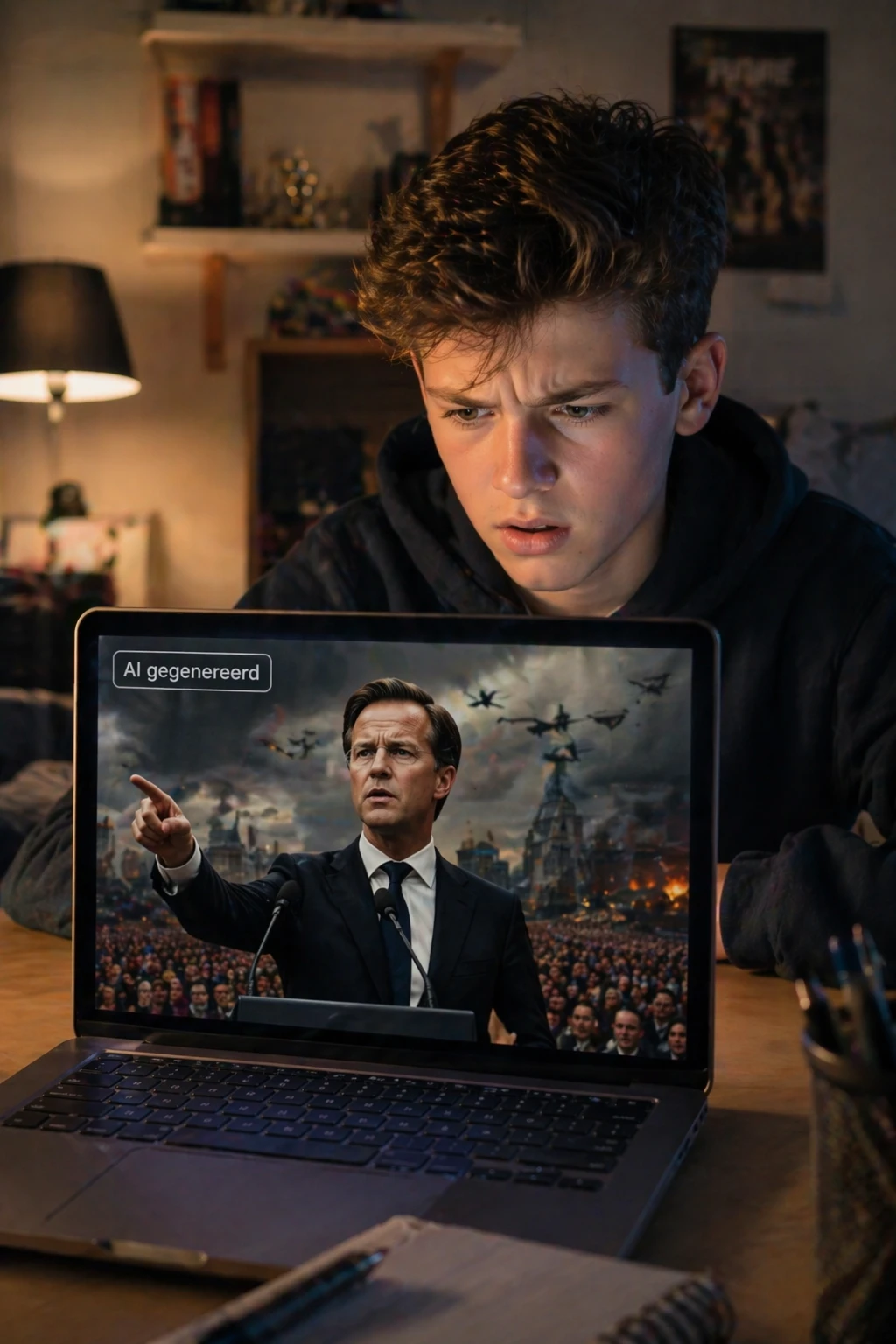 Tiener kijkt verward naar AI-gegenereerde content op laptop in zijn slaapkamer