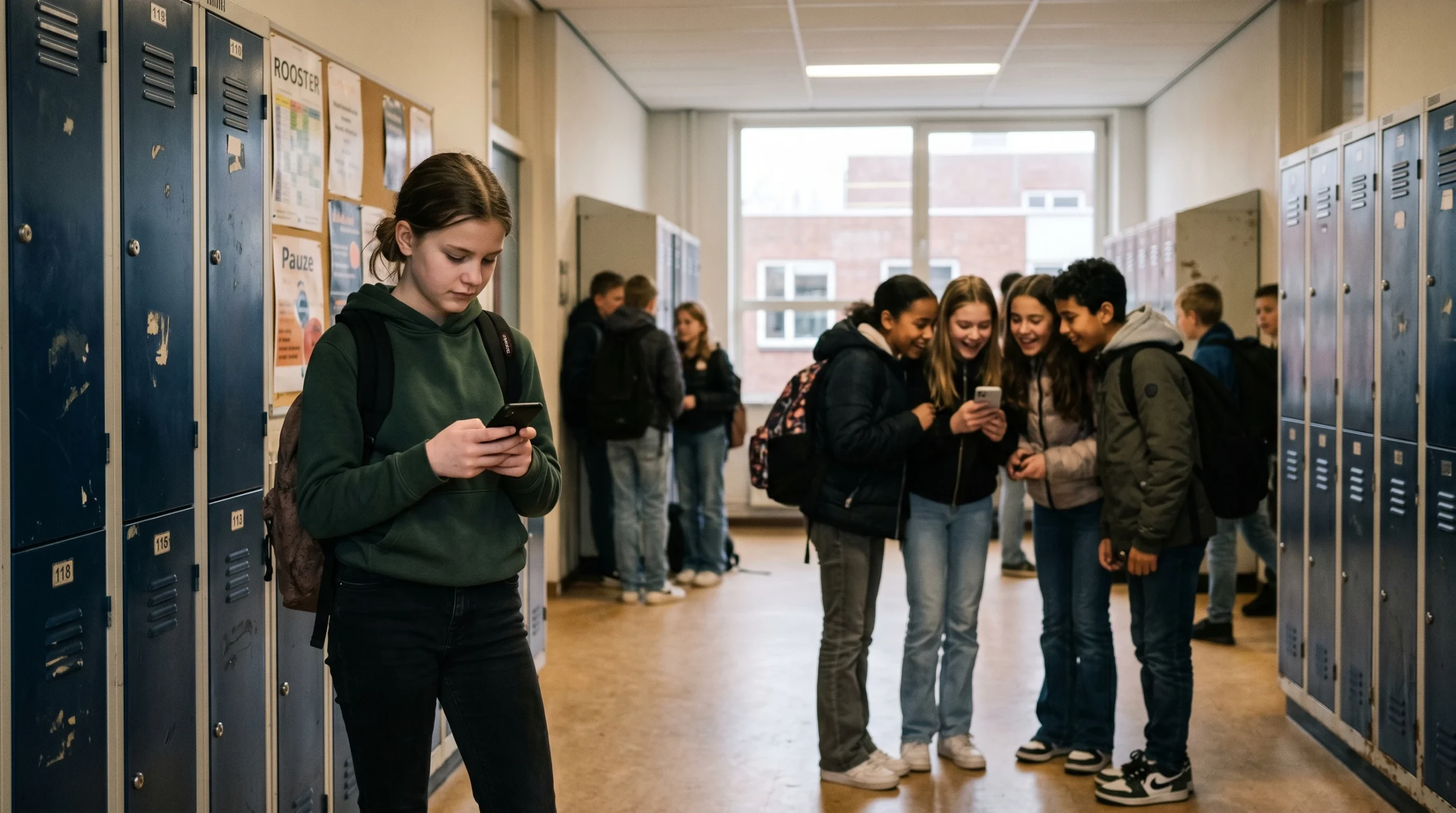 Tienermeisje loopt alleen door schoolgang met smartphone terwijl groepje klasgenoten elders staat