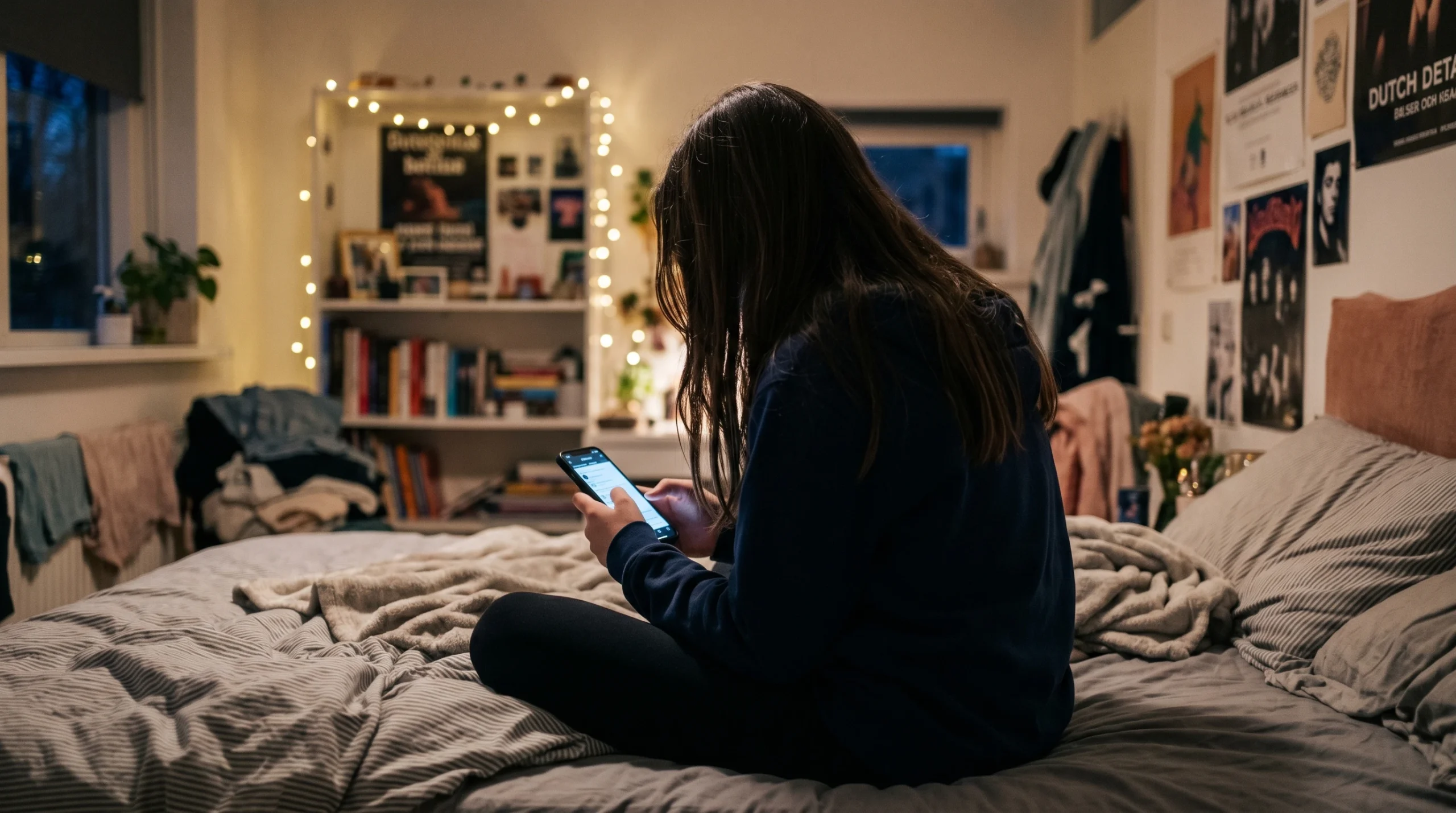Tienermeisje zit s avonds op bed met smartphone in slaapkamer met lichtjes en posters