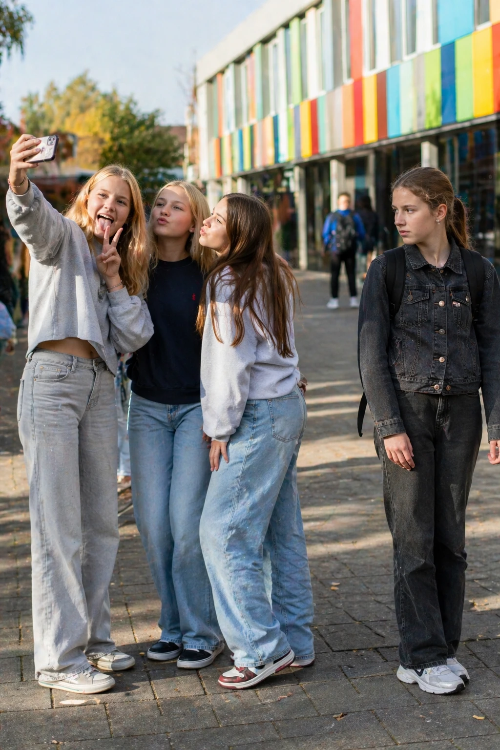 Drie tienermeisjes maken samen een selfie op het schoolplein, een vierde meisje staat er los van