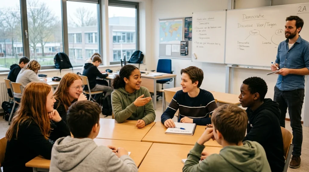 Leerkracht in gesprek met een groepje tieners rond een tafel in een klaslokaal