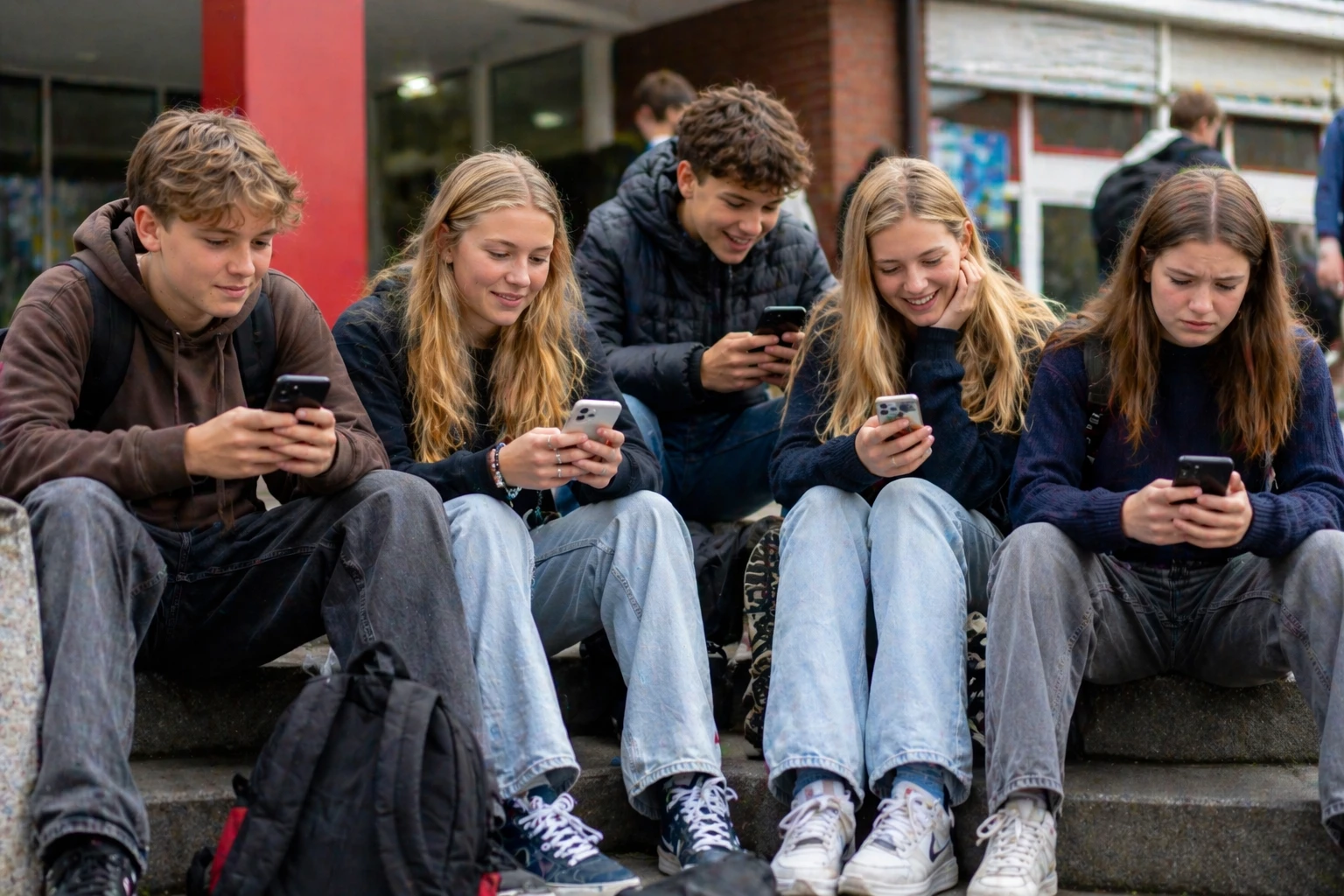 Vijf tieners zitten op de trap van een schoolgebouw en kijken op hun smartphone tijdens pauze