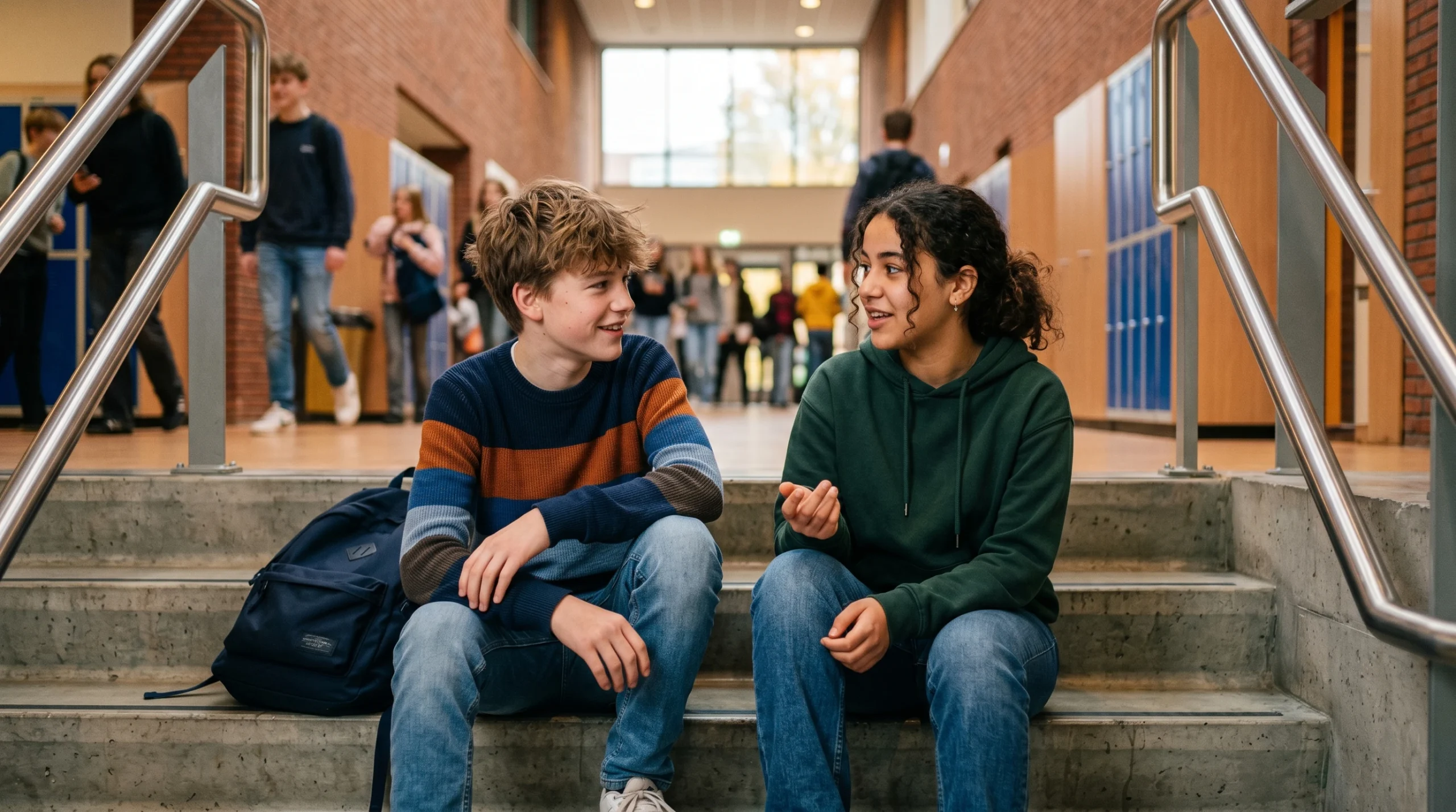 Twee tieners praten met elkaar op de trap van school zonder telefoon