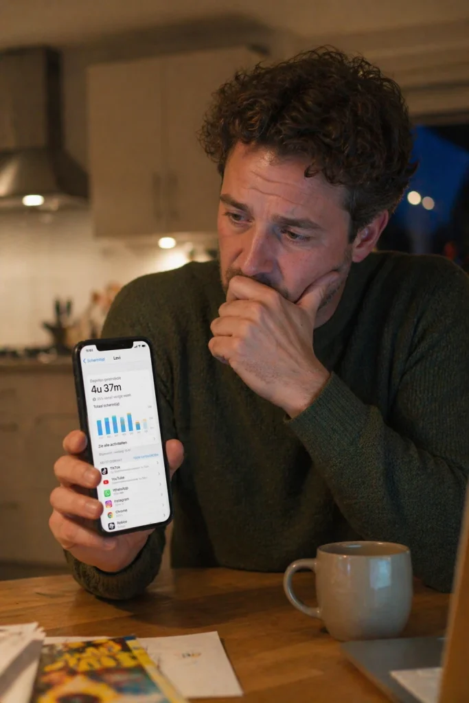 Vader bekijkt de schermtijdstatistieken van zijn zoon op een smartphone in de keuken