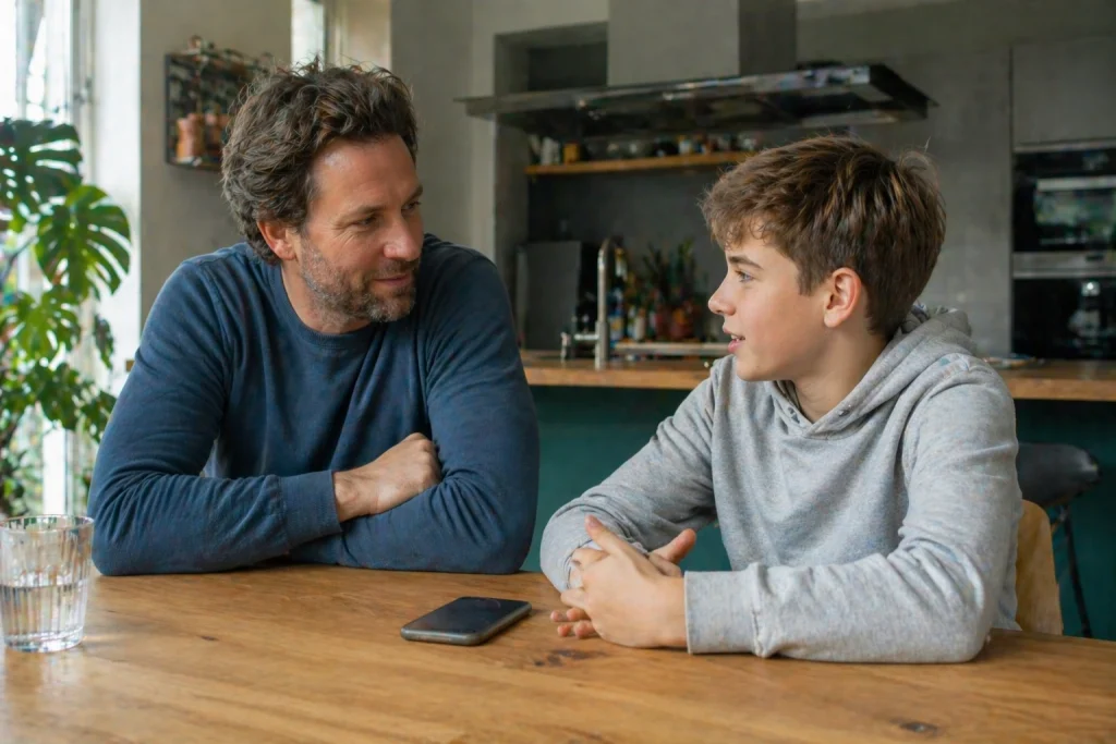 Vader en tienerzoon in gesprek aan de keukentafel met smartphone tussen hen in