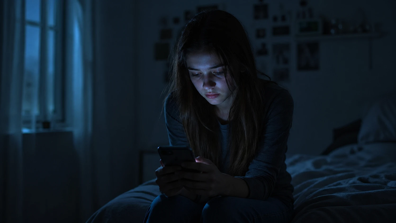 Verdrietige tiener met smartphone op bed in donkere slaapkamer met blauw schijnsel