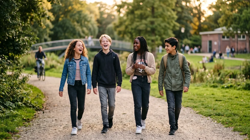 Vier vrolijke tieners lopen samen over een pad in het park bij avondzon