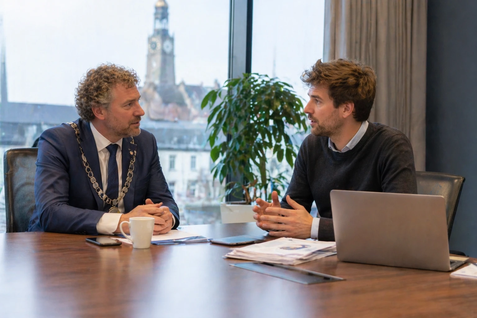 Burgemeester met ambtsketen in gesprek met een professional aan de vergadertafel in het gemeentehuis