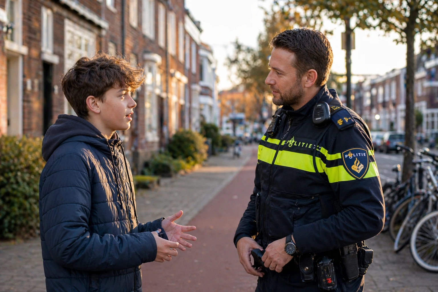 Nederlandse wijkagent in gesprek met een tiener op straat in de wijk